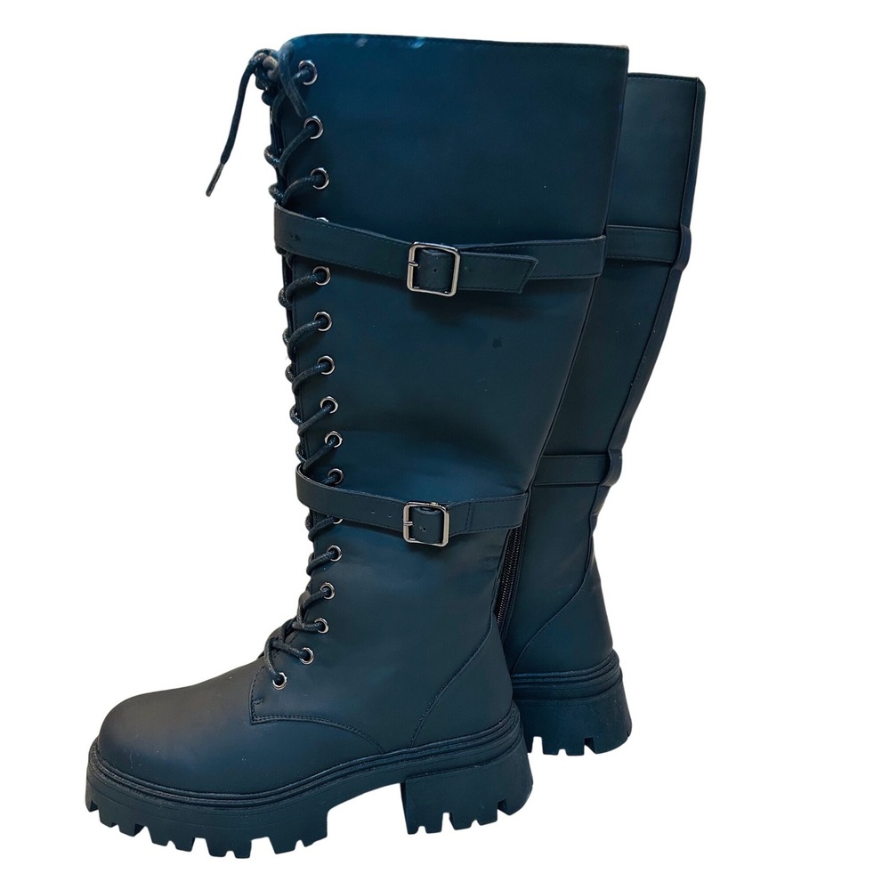 Liliana Black Knee High Combat Boots Lace Up Buckle Strap Lug Sole Size 8